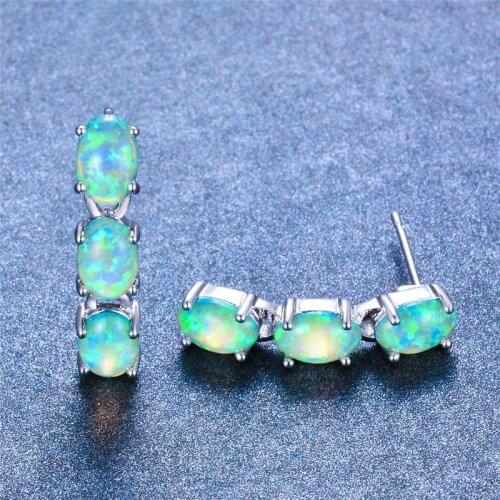 Vintage Silver Color Double Earrings Charming White Blue Green Fire Opal Earrings Cute Female Oval Stone Stud Earrings For Women