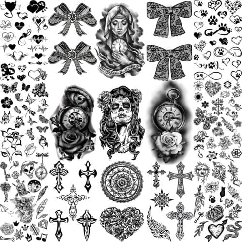 3D Butterfly Mandala Cross Temporary Tattoos For Women Adult Kids Bow Compass Rose Flower Fake Tattoo Neck Arm Hands Small Tatoo