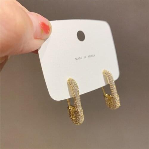 Punk Gold Rhinestone Safety Pin Stud Earrings Crystal Paper Clip Geometric Earrings for Women