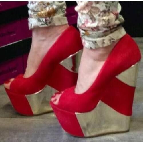 Moraima Snc Sexy Peep Toe Woman Shoe Red Gold Mixed Colors Platform Wedge Pumps Super High Dress Shoe