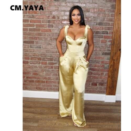 CM.YAYA Women Jumpsuit Solid Bandage Strap Sleeveless Cut Out Wide Leg Jumpsuits with Pockets Fashion One Piece Overalls Summer