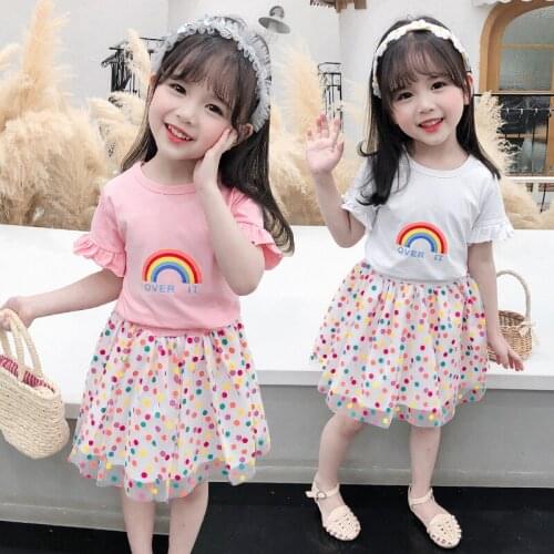2-6 Years Children Girls Clothes Set Rainbow Print T-Shirt + Polka Dot Skirts Summer Cotton Cute Pink Outfit