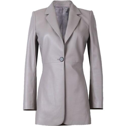 YOLOAgain Women Single Button Slim Genuine Leather Blazer Jacket
