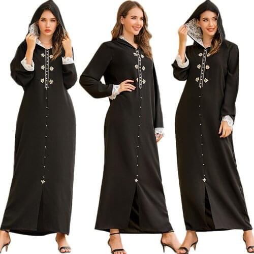 Women Abaya Muslim Women Long Dress Hooded Lace Rhinestone Beading Maxi Robe Ramadan Islamic Arab Jilbba Kaftan Turkish Dubai