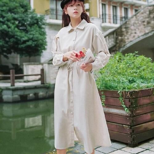 Autumn Spring Runway 2021 Korean Long Sleeve Dress Elegant Casual Office Preppy Dress Fall Fall New Women Apricot Shirt Dresses