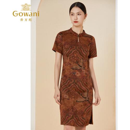 Gowani retro totem prined high-end silk dress Chinese cheongsam Qipao