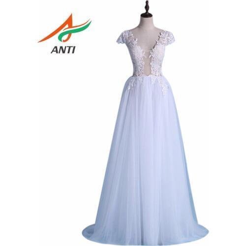 ANTI V-Neck Applique Bodice Open Back A Line Evening Dress Long Party Elegant Vestido De Festa Fast Shipping Prom Gowns HQY001