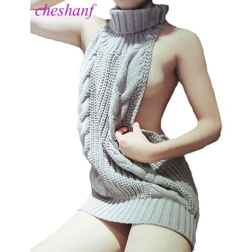 2021 Summer New Turtleneck Sleeveless Long Virgin Killer Sweater Japanes Knitted Sexy backless Women Sweaters And Pullovers