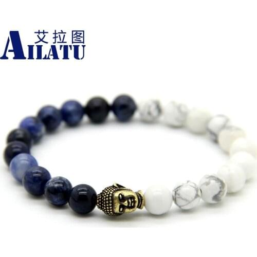 Ailatu Wholesale High Quality Mens Beaded Natural White Howlite and Blue Veins Stone Bronze Buddha Bracelet