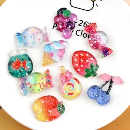 Glitter Resin Cabochons 10pcs Kawaii Fruit Embellishments Scrapbooking Candy Apple Cherry Strawberry Ice Cream Lollipop Patch
