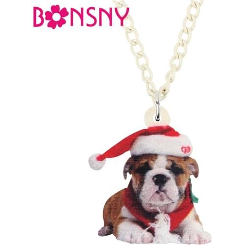 Bonsny Acrylic Christmas Hat Bulldog Dog Necklace Pendant Chain Choker Animal Jewelry For Women Girls Teens Kids Gift Accessory