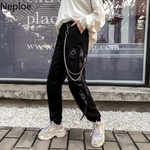 Neploe Women Men Cargo Pants Harajuku Chain Pockets Ankle Trousers High Waist Chain Hip-hop Punk Black Harem Pants Streetwear