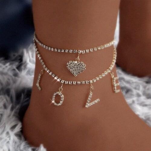 Bling Full Rhinestone Heart Pendant Tennis Chain Anklet For Women LOVE Letter Double Layer Crystal Ankle Chain Jewelry Wholesale