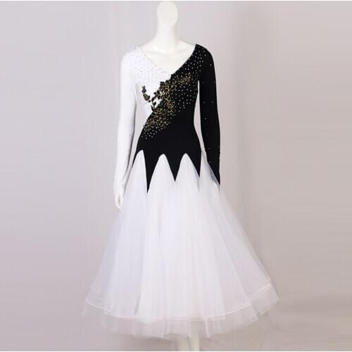 Black white ballroom dance dresses women waltz dress mesh standard ballroom dress foxtrot luminous costumes rumba dress long