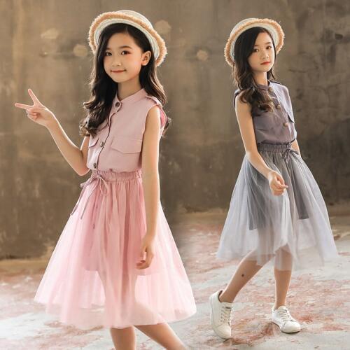 Kids summer Clothes Set Mesh Suit For Girls sleeveless Teen Girl Clothes Solid Kids Clothing 6 8 12 Years 2 Pcs Girl Costume
