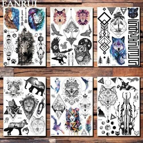 FANRUI Geometric Owl Wolf Lion Triangle Temporary Tattoo Sticker Galaxy Feather Fake Tatoo Waterproof Body Art Arm Custom Tato