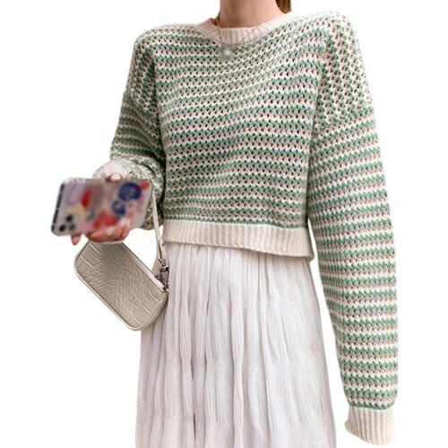 Liva Girl Womens t-Shirts Spring\Autumn Korean Tshirt Loose High Waist Short Striped Knitted Pullover Top Vetements Femmes