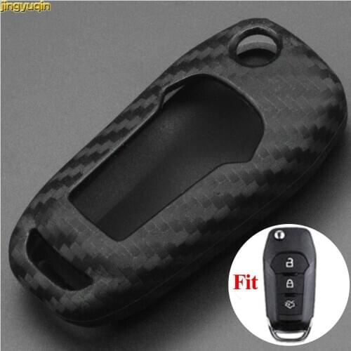 Jingyuqin Silicone + Carbon Fiber Remote Key Case For Ford Fusion Edge Explorer 2013-2015 3 Buttons Smart Car Key Cover