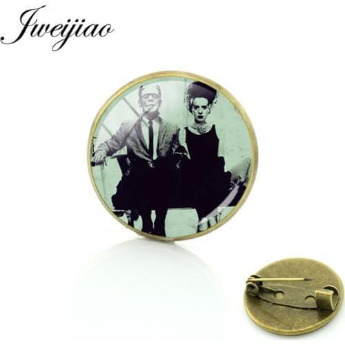 JWEIJIAO Vintage 20mm Frankenstein and His Bride Brooches Glass Cabochon Dome Antique Bronze Metal Badge Pin FH03