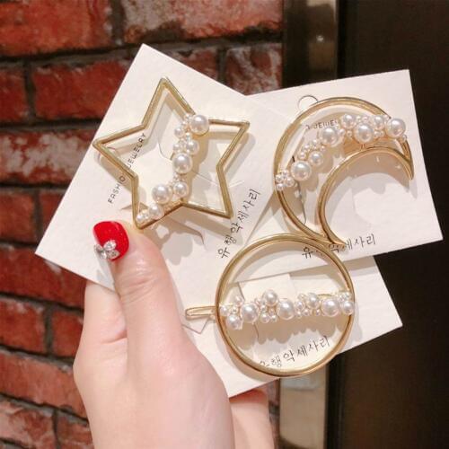 Korea Imitation Pearl Star Moon Shape Hairpins Gold Color Metal Hair Clips Hair Accessories for Women Girls