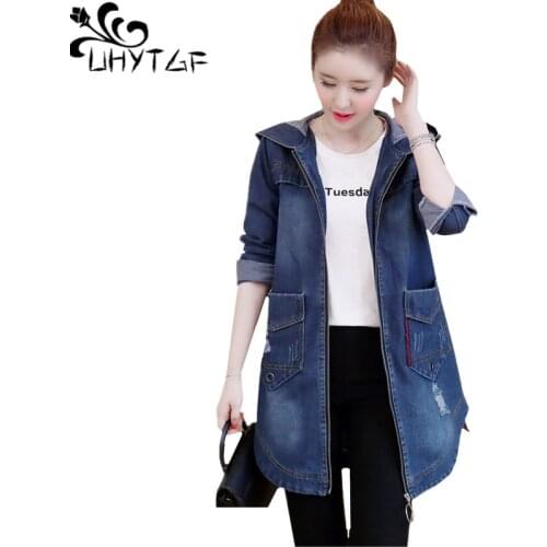 UHYTGF Spring Denim Jacket Women Korean Long Sleeve Jeans Coat Female Fashion Holes Hooded Loose 5XL Plus Size Top Outerwear 189