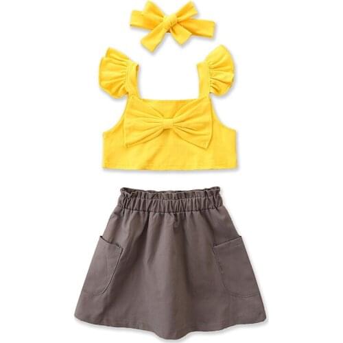 Summer Girl Set Yellow Vest + Skirt + Headband 3pcs Suits for Kids Fashion Girls Clothing