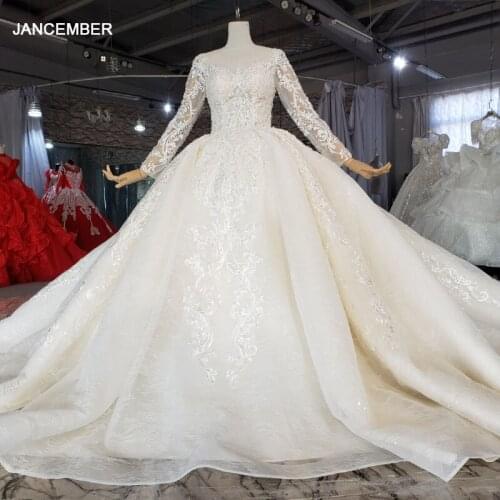 LSS240 muslim wedding dresses 2020 illusion o-neck long tulle sleeve wedding gown with shiny train china wholesale free shipping