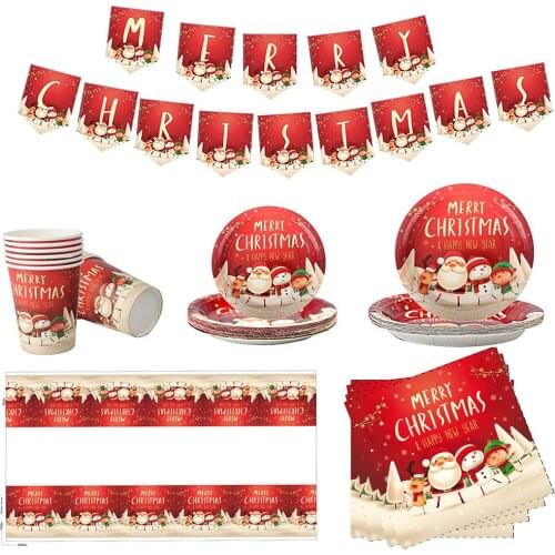 Merry Christmas Party Supplies Tableware Set Xmas Pack Santa Elk Disposable Dinnerware Paper Plates Napkins Cups Kids Decoration