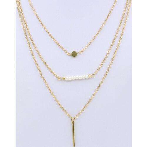Triple Chains Golden Medal White Simulated Pearl Beads & Simple Metallic Stick Long Necklace for Women