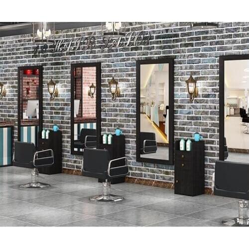 Solid wood retro barber shop mirror hair salon mirror table wall-mounted makeup single side mirror frame hair salon landing tool