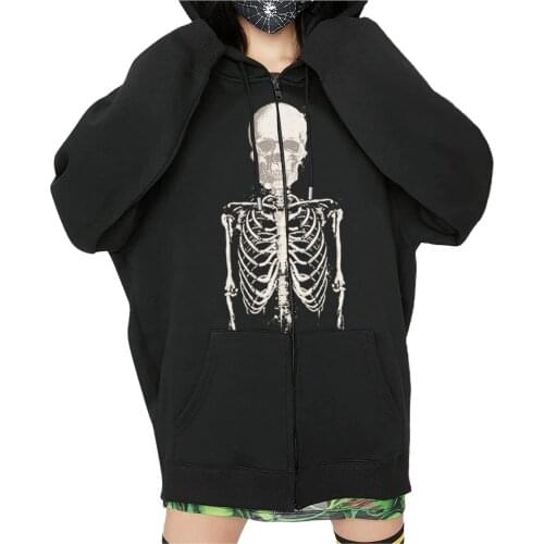 Zip-up hip-hop Sweatshirt Oversized Women Hoodie Grunge Long Sleeve jacket Zipper Hoody skull print retro 90s Outwear Pullovers