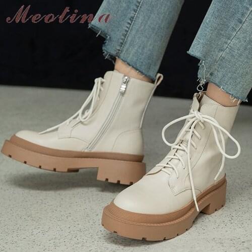 Meotina Women Shoes Genuine Leather Motorcycle Boots Thick Med Heel Boots Round Toe Zipper Lady Footwear Autumn Winter 40 Beige