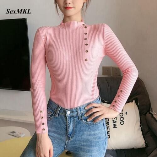 Women Casual Knitted Sweaters 2020 Fashion Long Sleeve Winter Button Pullovers Tops Korean Clothes Turtleneck Basic Sweater