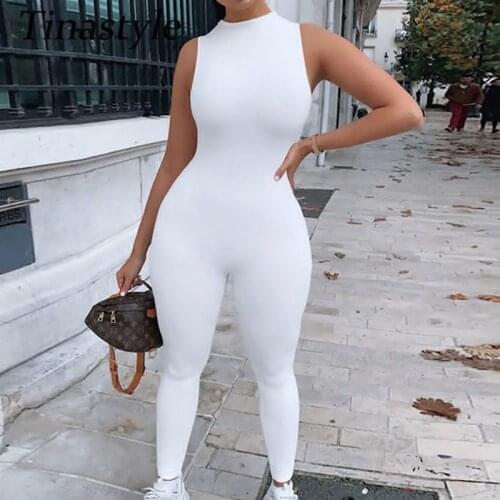 Tinastyle Solid Casual Skinny Jumpsuit Women Rompers O Neck Sleeveless Bodycon Jumpsuits Black One Piece Outfit Women Streetwear