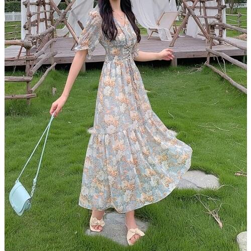 Sexy V Neck Women Dress Summer Vintage Print Slim Waist Midi Sundress Elegant Sweet Puff Short Sleeve Beach Party Dress Vestidos