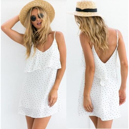 2021 Summer Sexy Deep V Neck Spaghetti Straps Backless Womens Mini Dress Fashion Casual Solid Sleeveless Polka Dot Ladies Dress