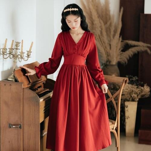 2020 new fashion womens clothing Full V-Neck Vintage dress red dresses for women