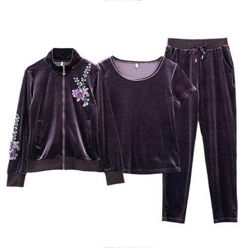 2021 Jacket Short Sleeve T-shirt Pants Jogging Suit Velour Womens Sets Velvet Tracksuit Women 3 Piece Set Autumn Winter Clothes