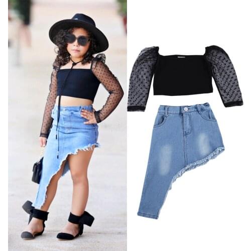 2021 Fashion Toddler Baby Kids Girl Clothes Set Black Polka Dot Lace Sleeve Crop Top+Irregular Long Denim Skirt Outfits Set 2pcs