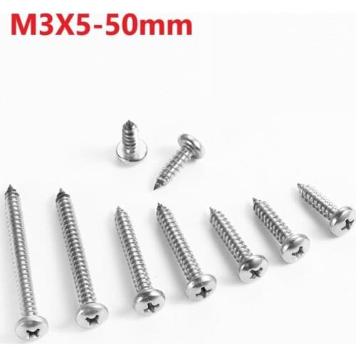 3mm 304 Stainless Steel Cross Recessed Pan Head Self Tapping Screws M3 x 5 6 14 40 45 50mm Extend Self Tapping Screws