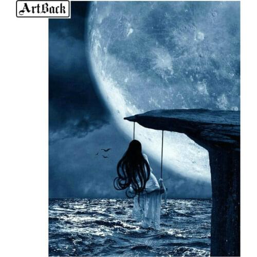 5D Diamond Painting Girl Moon View Full Square Drill Fairy 5d Diamond Embroidered Crystal Diamond Mosaic Decorative Painting