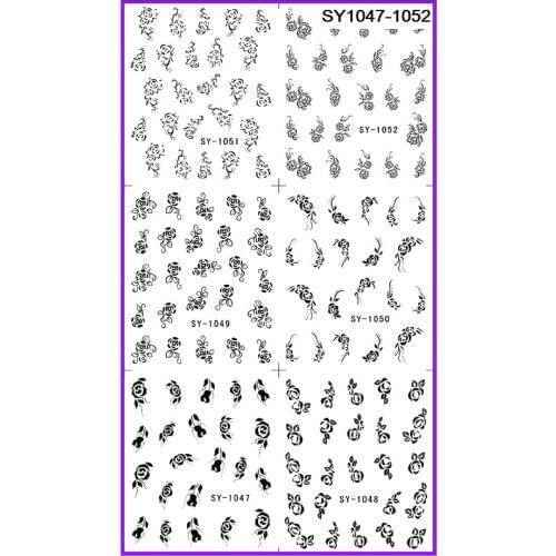 6 PACK/ LOT GLITTER WATER DECAL NAIL ART NAIL STICKER BLACK FLEUR-DE-LIS PEACH BLOSSOM JASMINE SY1047-1052