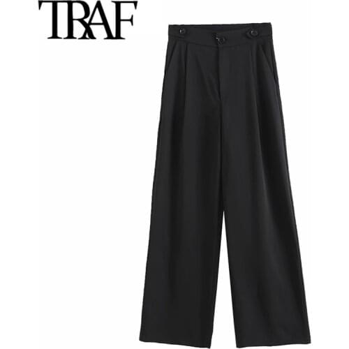 TRAF Women Fashion Side Pockets Office Wear Wide Leg Pants Vintage High Waist Zipper Fly Female Ankle Trousers Mujer