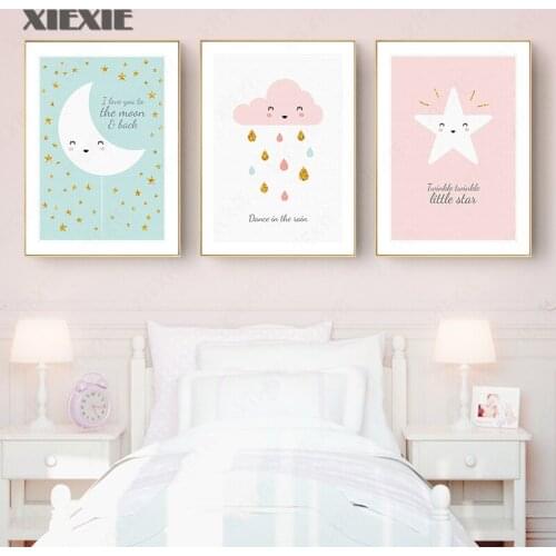 Pink Moon Cloud Star Nursery Child Poster Cute Art Decorative Print Wall Painting Decoration Picture Nordic Kid Baby Room Decor