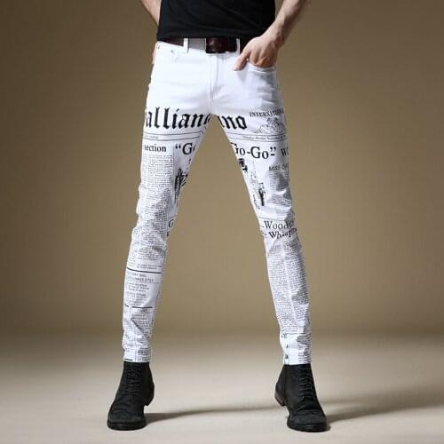 Newly Streetwear Fashion Men Jeans Elastic Cotton Slim Fit Printed Designer Jeans White Color Hip Hop Denim Punk Pencil Pants