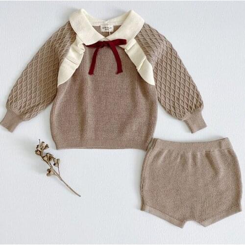 Korean Style Baby Clothes Suit Long Sleeved Knitted Pullover Sweater+PP Shorts Autumn Winter Infant Baby Girls Clothing Set