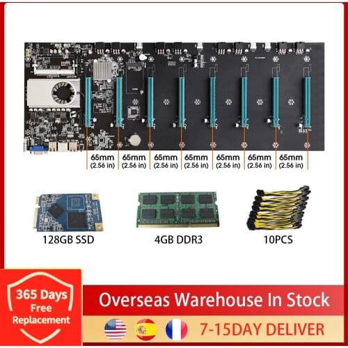Riserless Mining Motherboard 8 CPU Bitcoin Crypto Etherum Mining Set with 4GB DDR3 1600MHz RAM 1037U 128GB mSATA SSD Power Cable