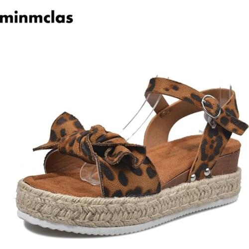 MInmclas 2021 Womens Espadrilles Alpargatas Bow Leopard Sandals Platform Summer Thick Bottom Ladies Sandals Womens Shoes