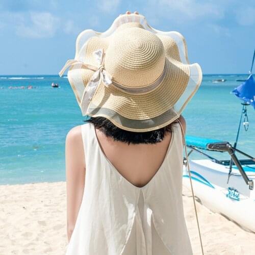 New Female Net Yarn Straw Hat Outdoor Hat Beach Hat Sun Straw Hat Wide Brim Floppy Hat