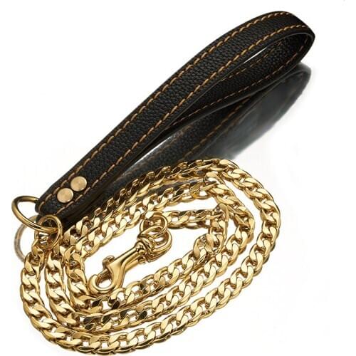 Tiasri10mm Gold Color High Quality Stainless Steel Dog Chain Pet Training Rope Coriaceous Handle Sturdy Durable Wholesale Retail